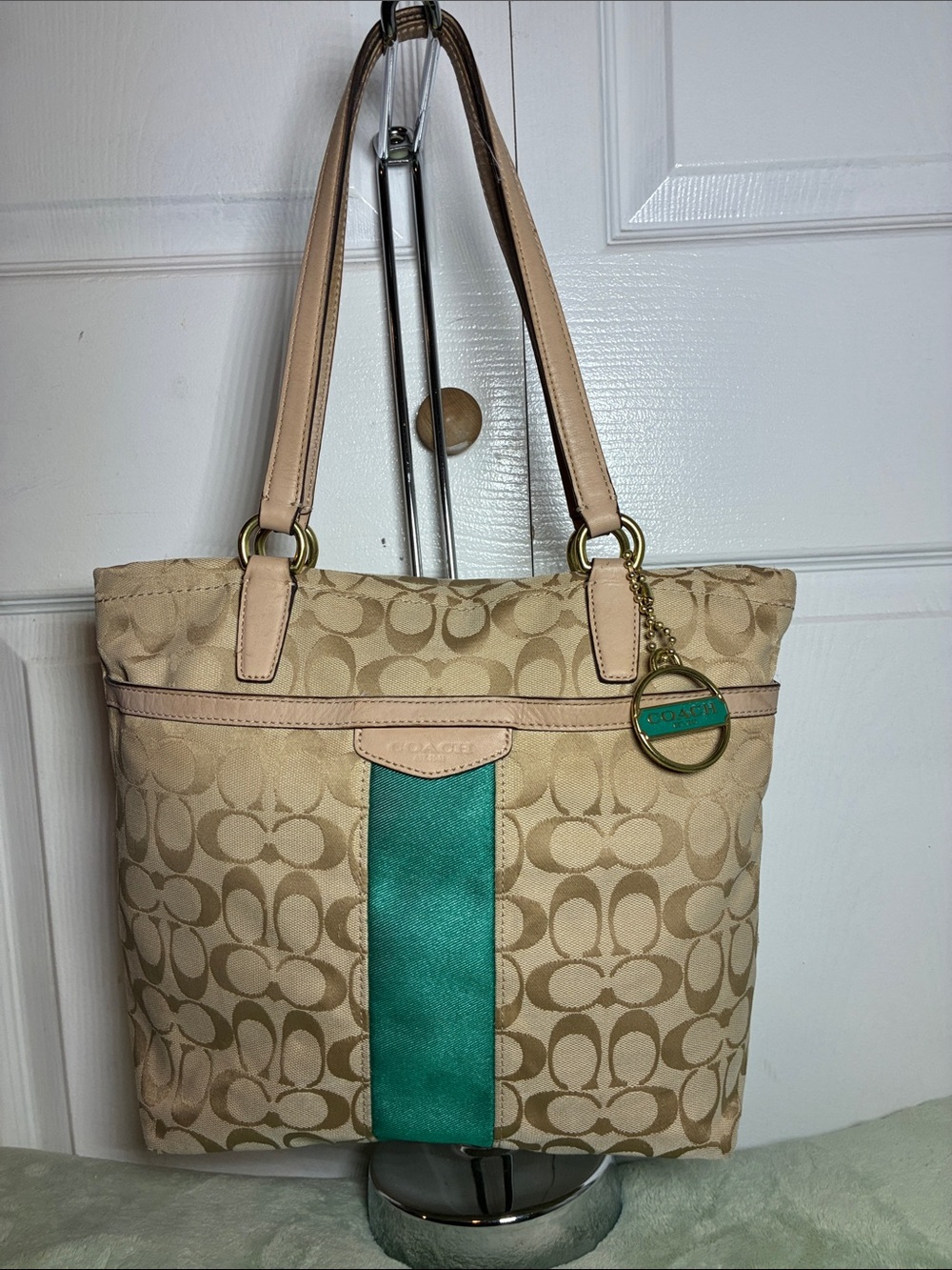 Coach Beige Signature Canvas Tote with Teal Stripe
